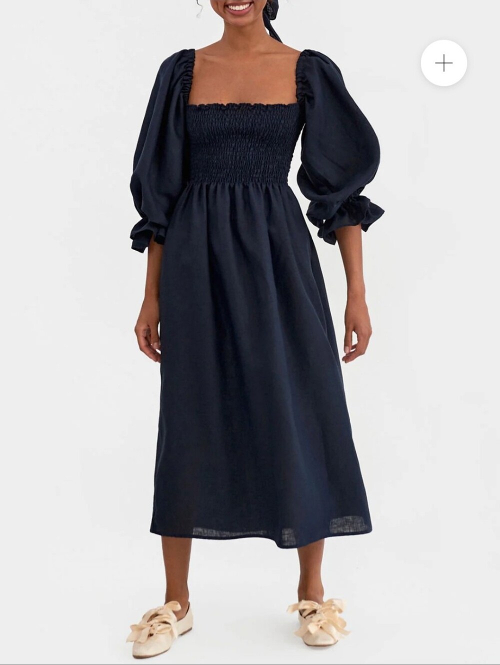 Sleeper Atlanta Linen Midi Dress In Navy Large Smocked Bodice - Picture 2 of 12